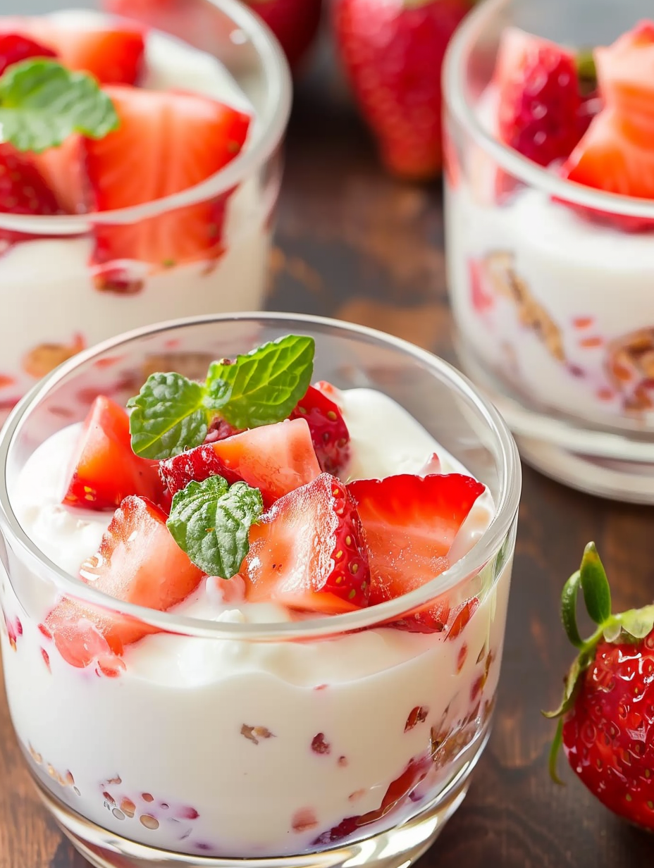 Close up of strawberries folded into cream