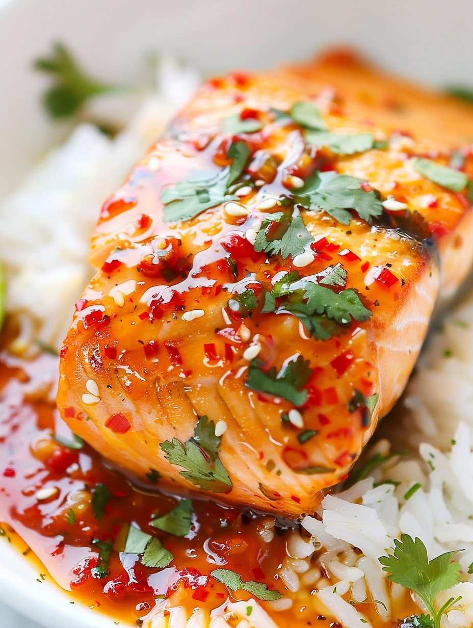 Pan-seared sweet chili salmon on a white plate