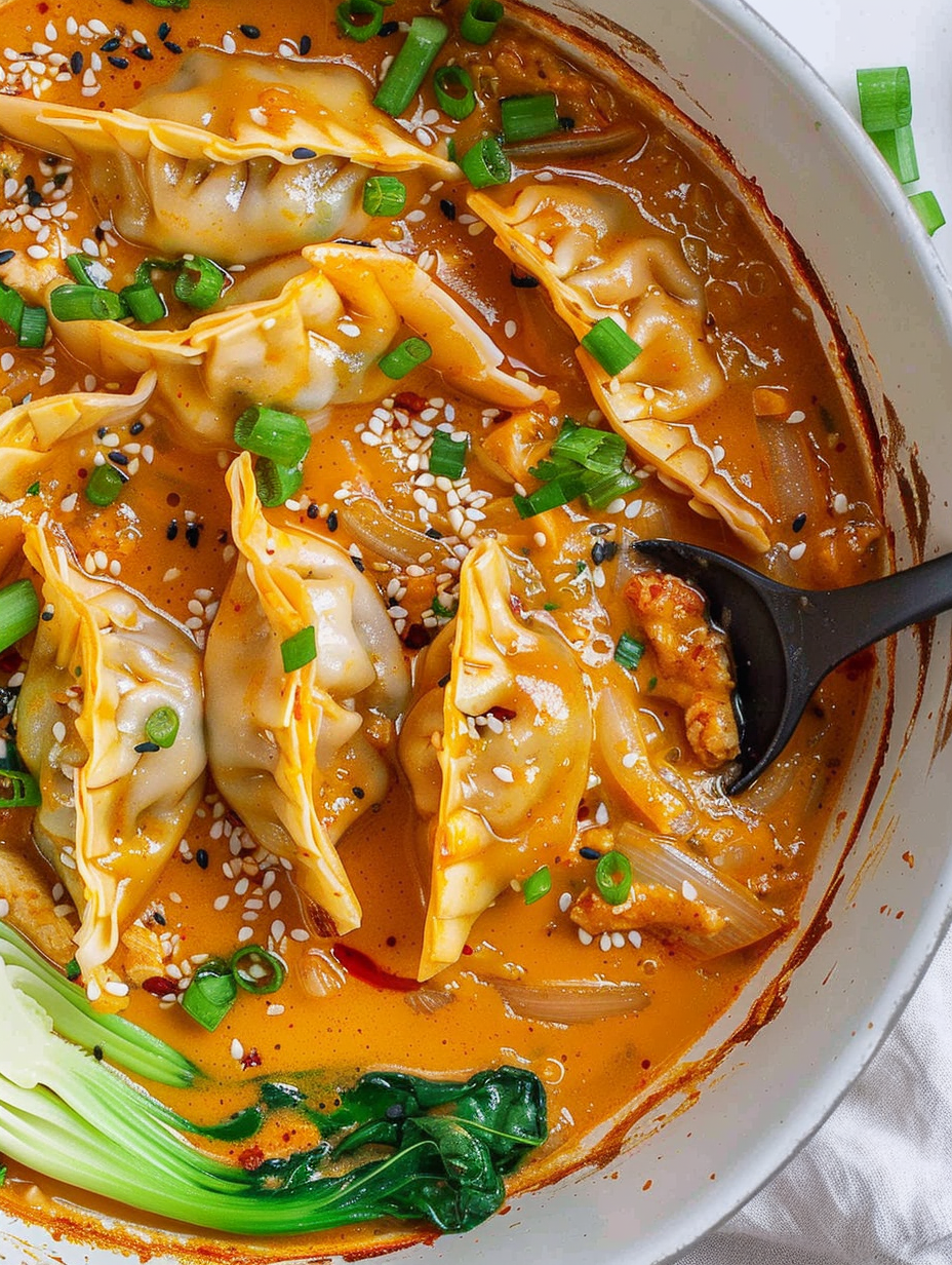 Dumpling Bake bubbling in a baking dish with sliced green onions