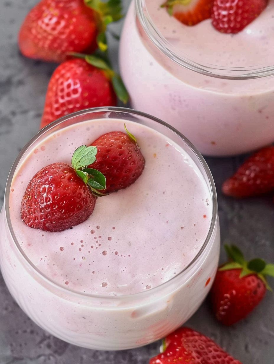 Pink strawberry mousse in glass jars topped with fresh berries