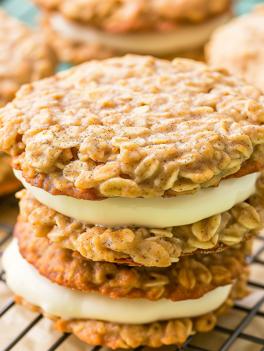 Close up of banana oatmeal cream pies on a wire rack
