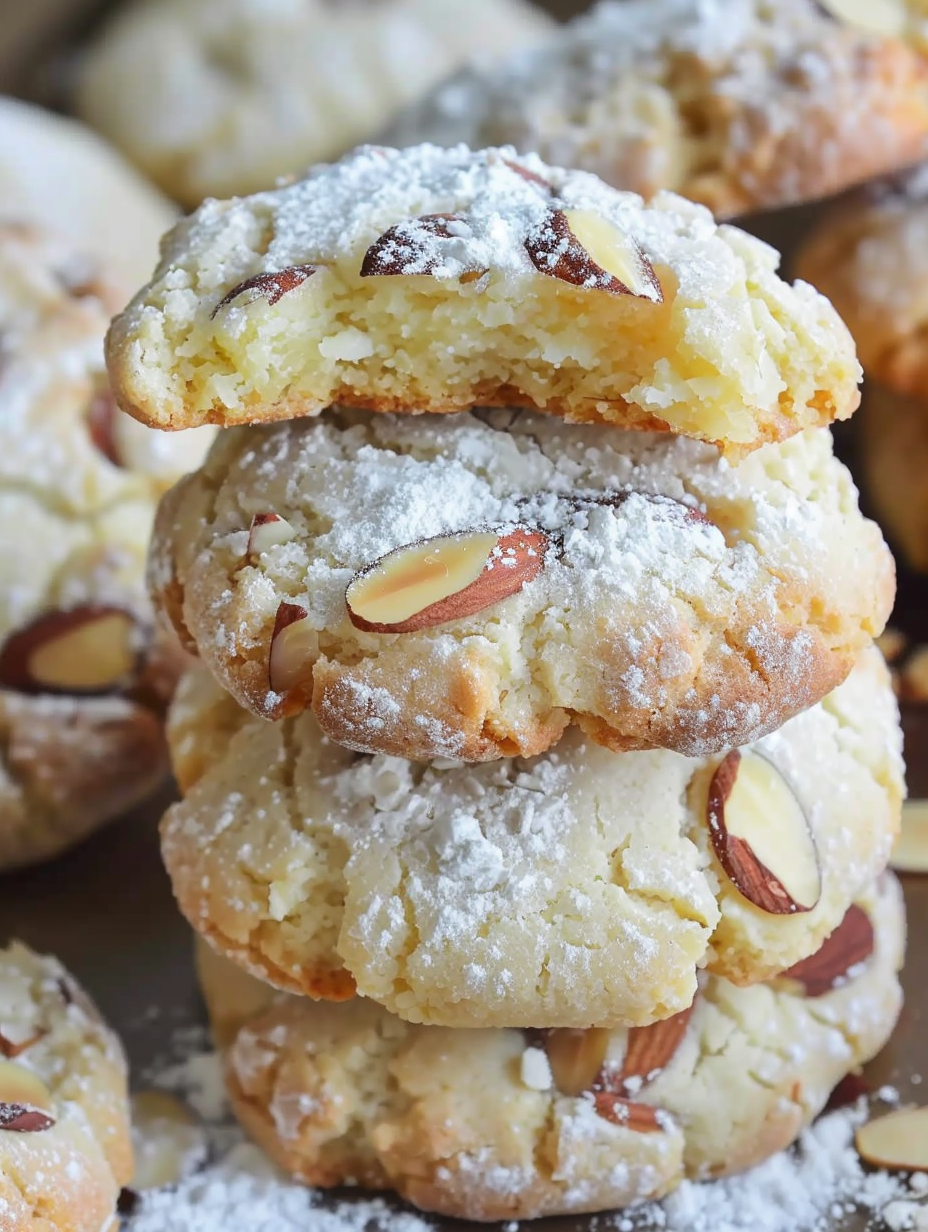 Close up of almond topped amaretto cookies