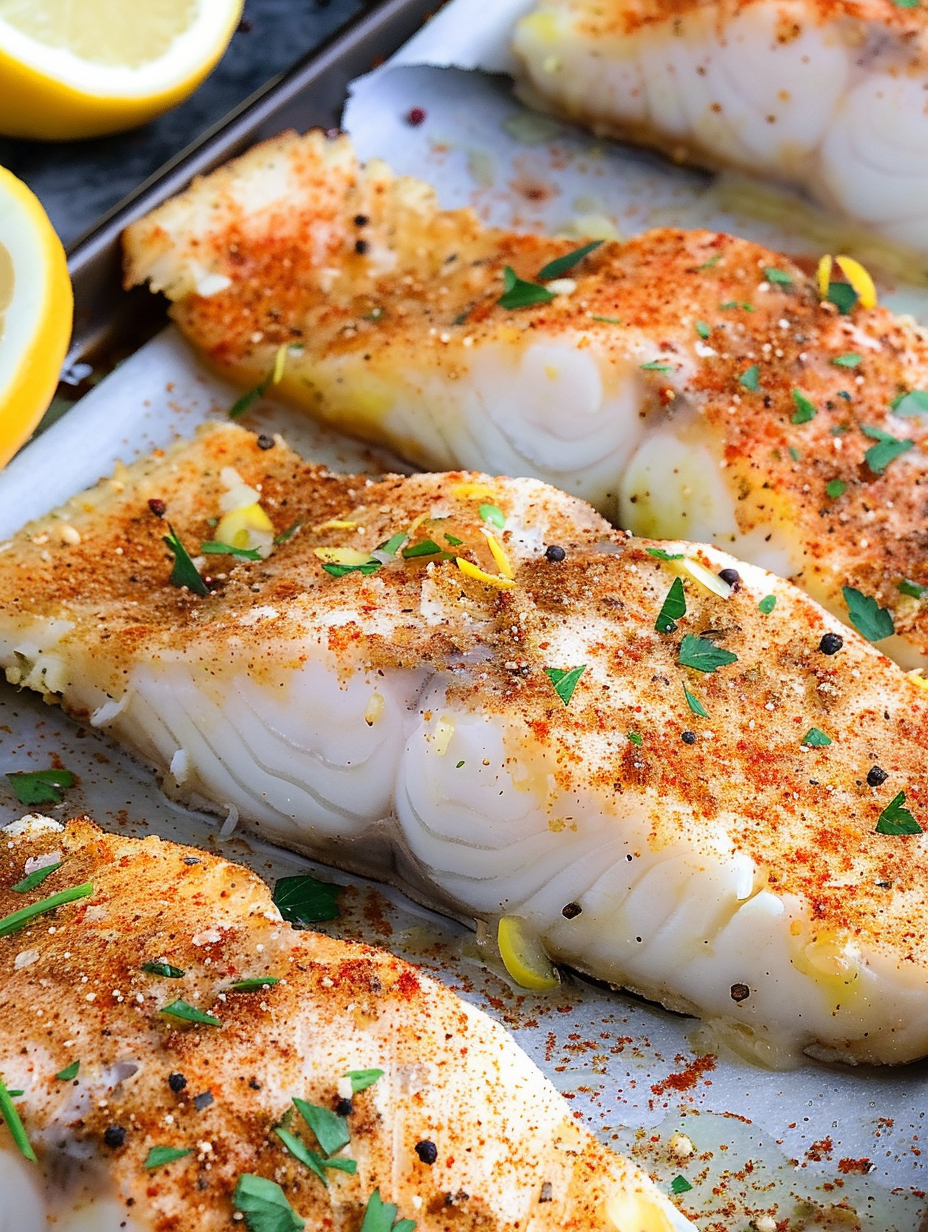 Baked cod fillet plated with lemon and parsley garnish
