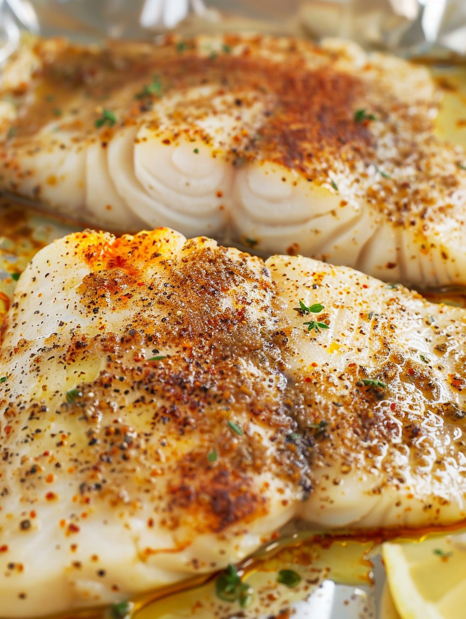 Oven baked white fish on a sheet pan with lemon wedges