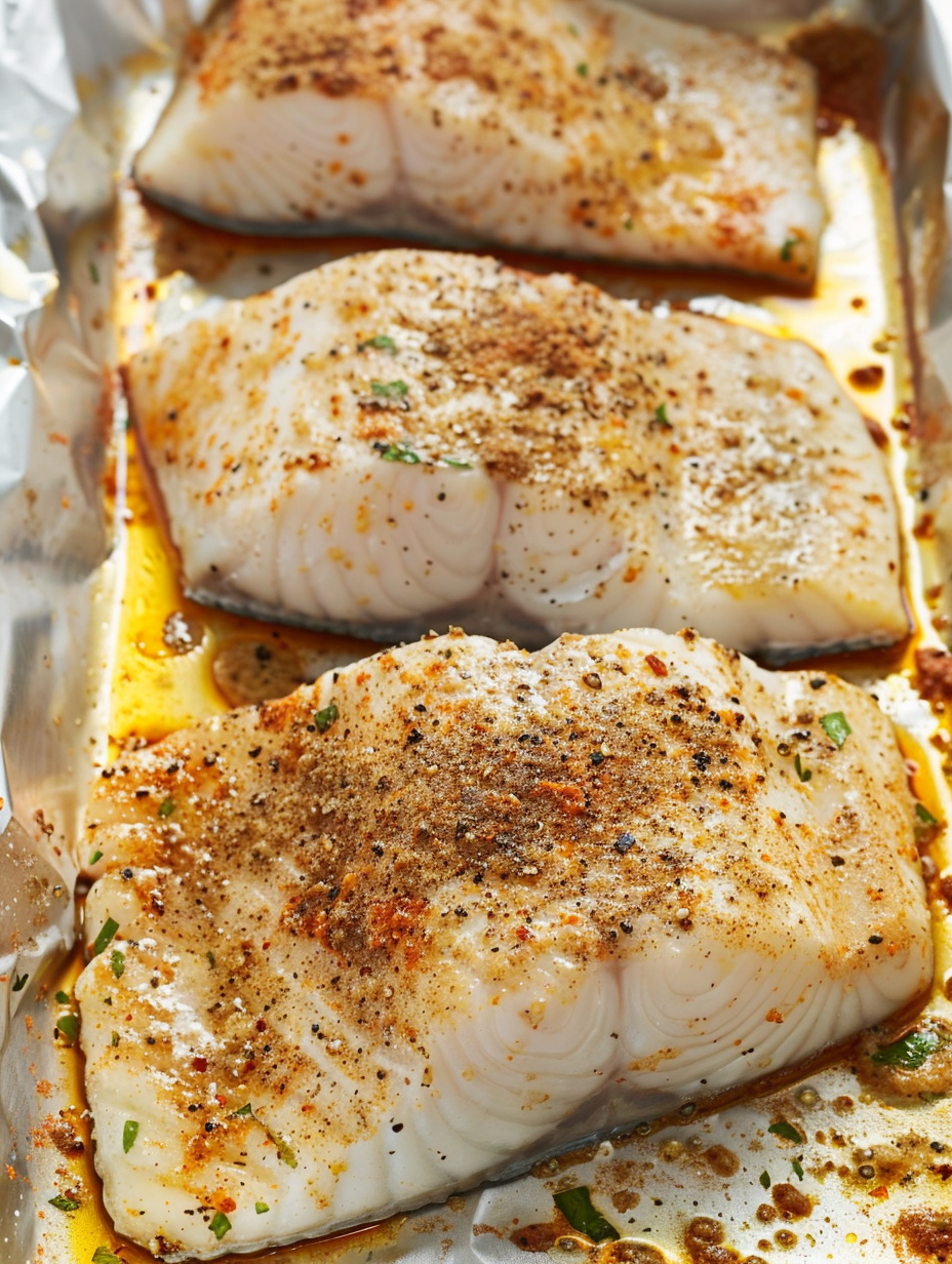 Close-up of flaky baked white fish with herbs