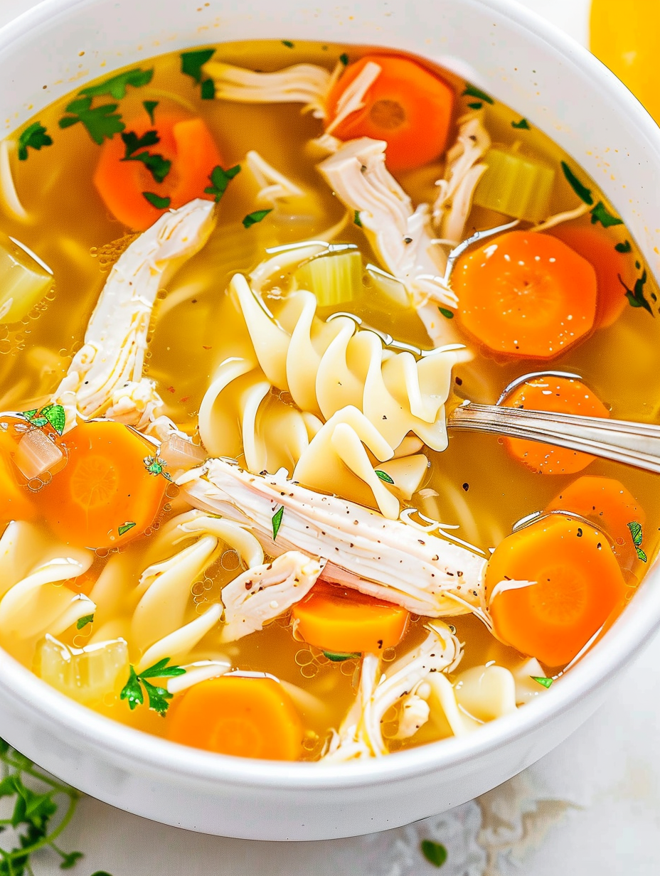 Slow cooker chicken noodle soup finished and served in bowls