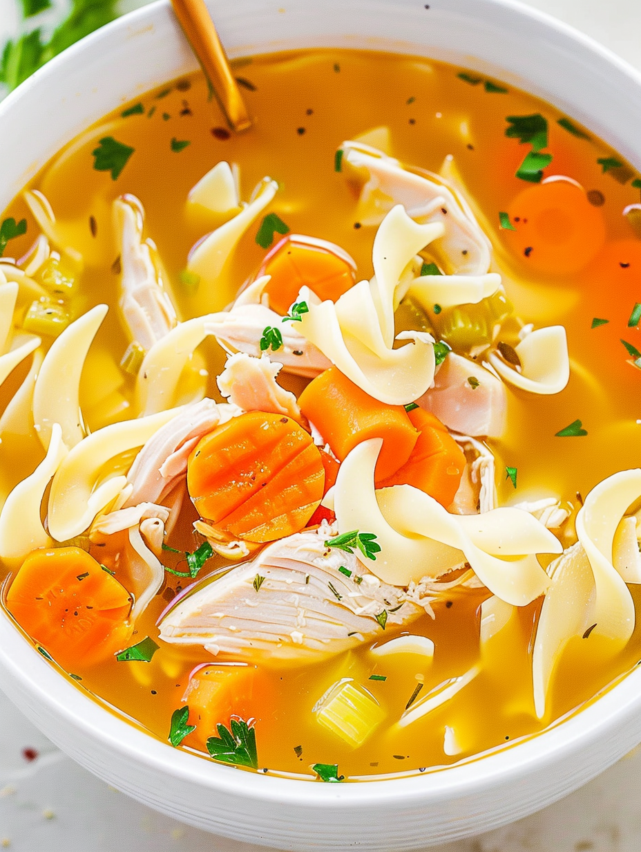 Ingredients for slow cooker chicken noodle soup prepared on the counter