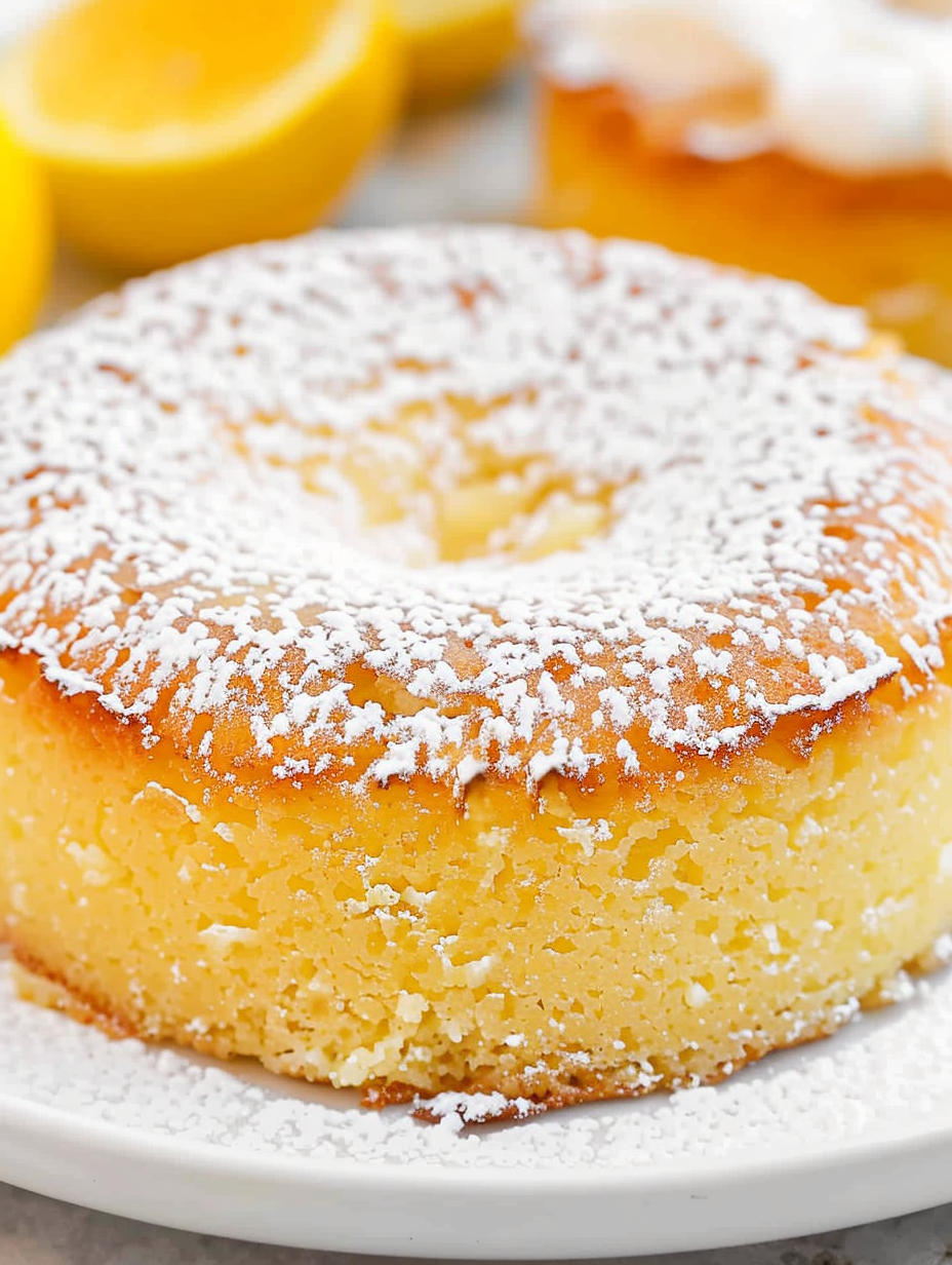Two lemon lava cakes on plates with a drizzle of lemon curd