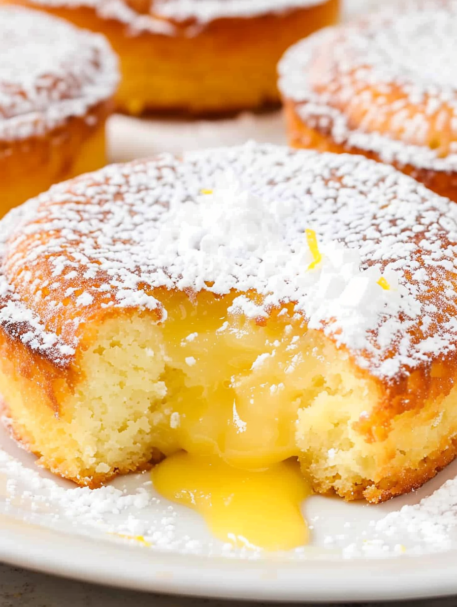 Close-up of a lemon lava cake being dusted with powdered sugar