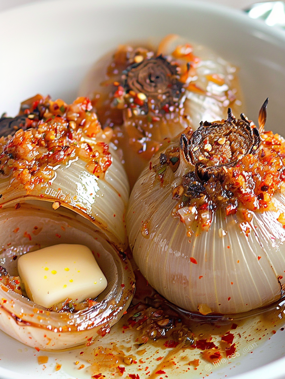 Prepared baked onions with seasoned butter in wells