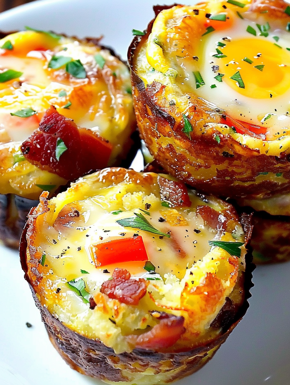 Breakfast muffins with hash brown crust on a cooling rack