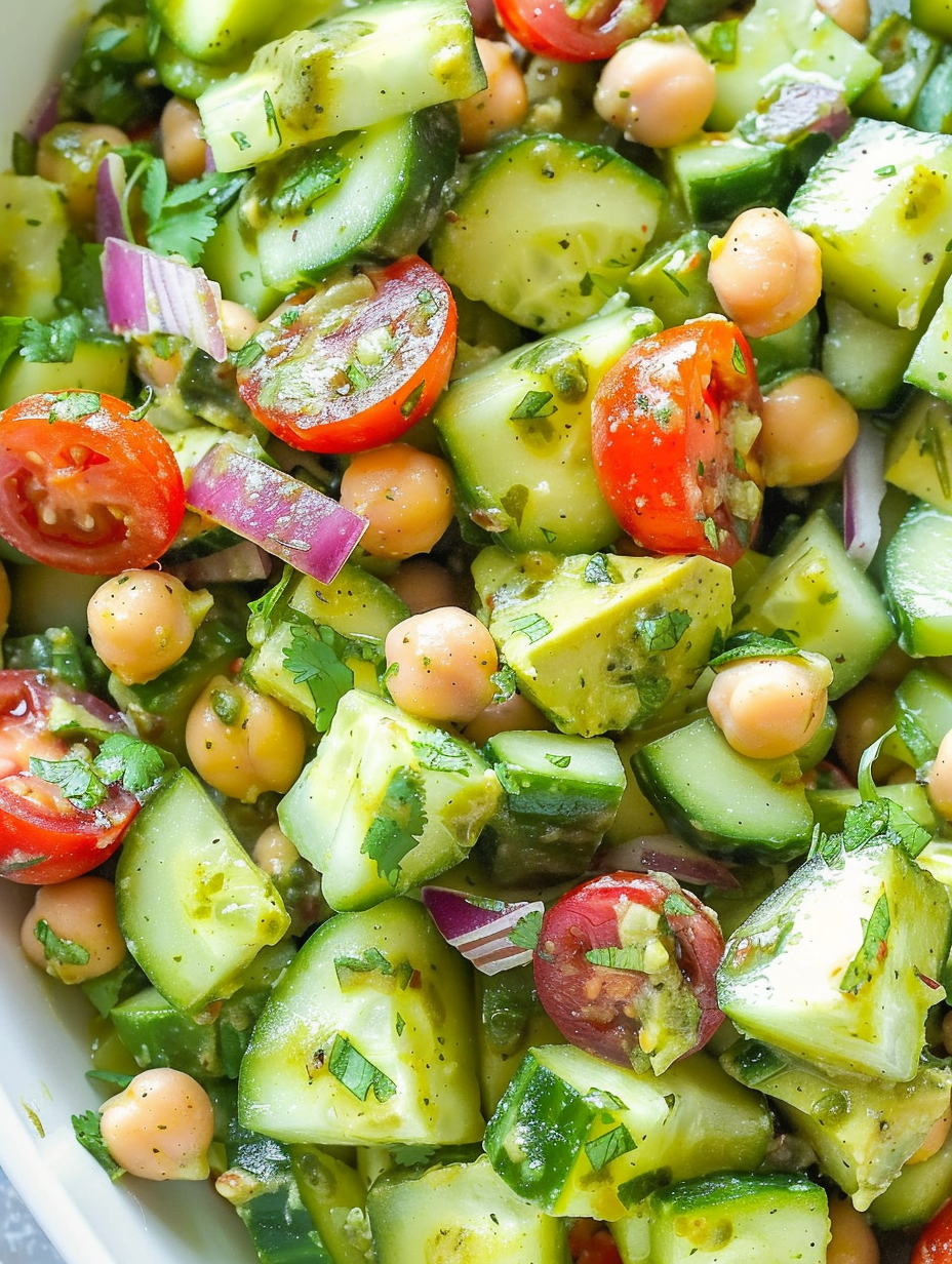 Cilantro lime dressing drizzled over cucumber tomato salad
