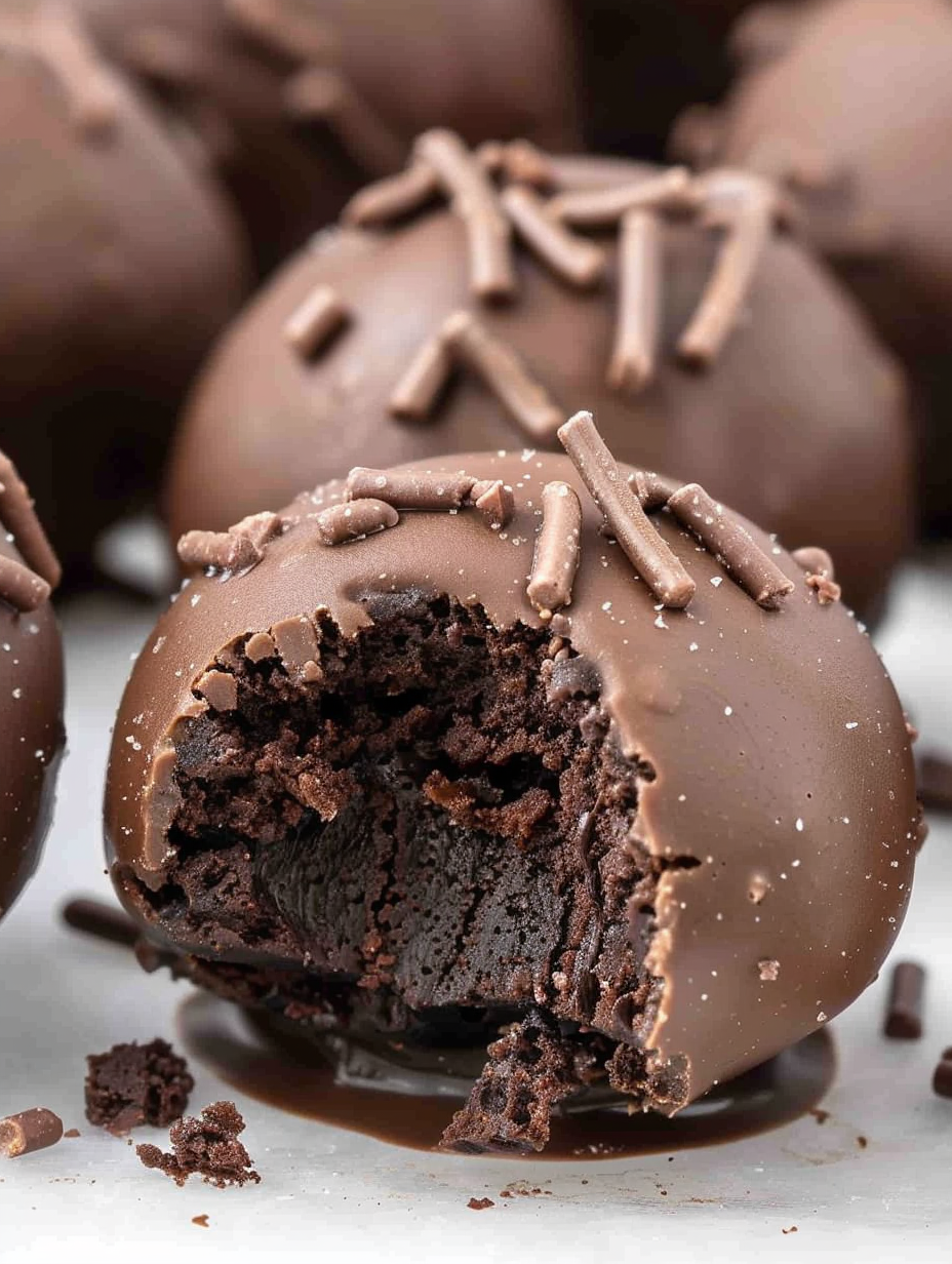 Truffle being dipped in melted chocolate