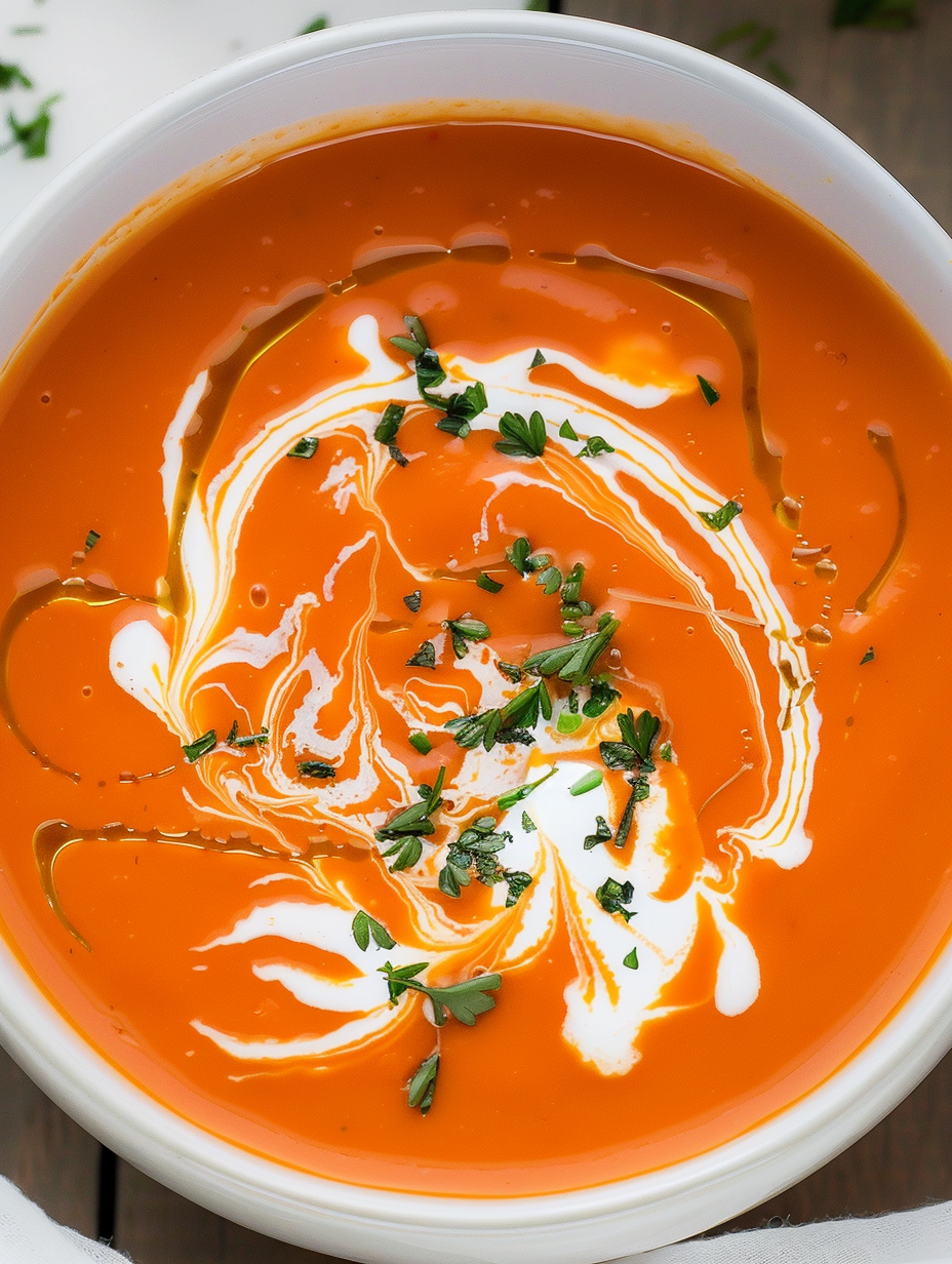 Creamy tomato soup in a bowl with basil