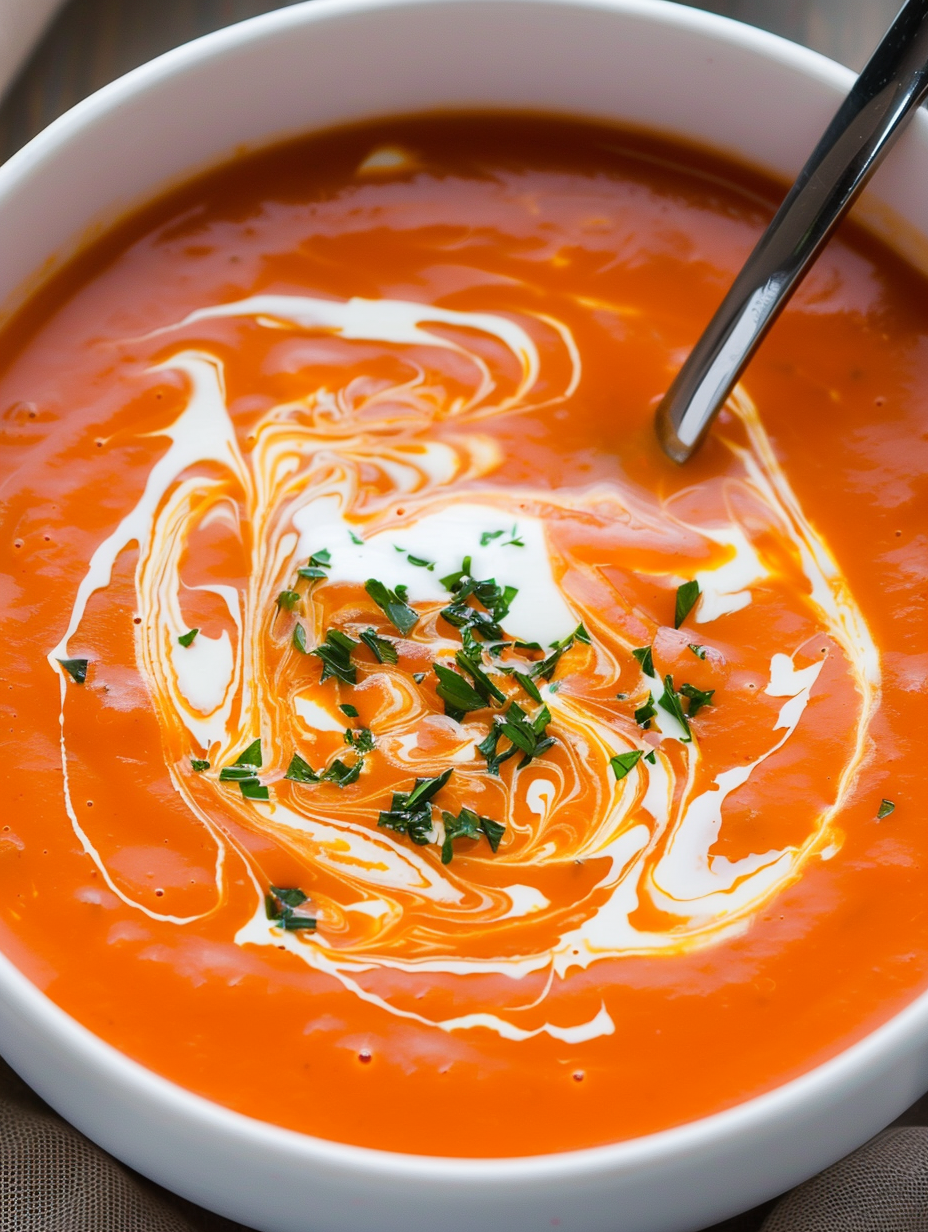Pot of tomato soup with cream swirl