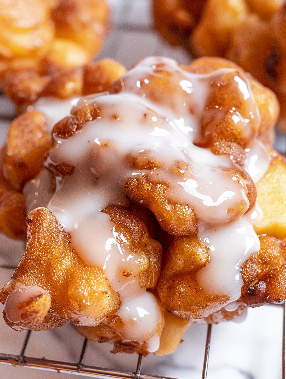 Freshly fried apple fritters cooling on a rack