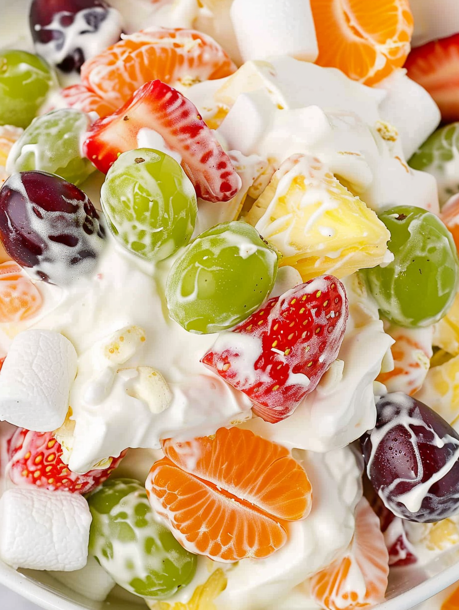 Pudding fruit salad in a bowl with whipped topping and fruit