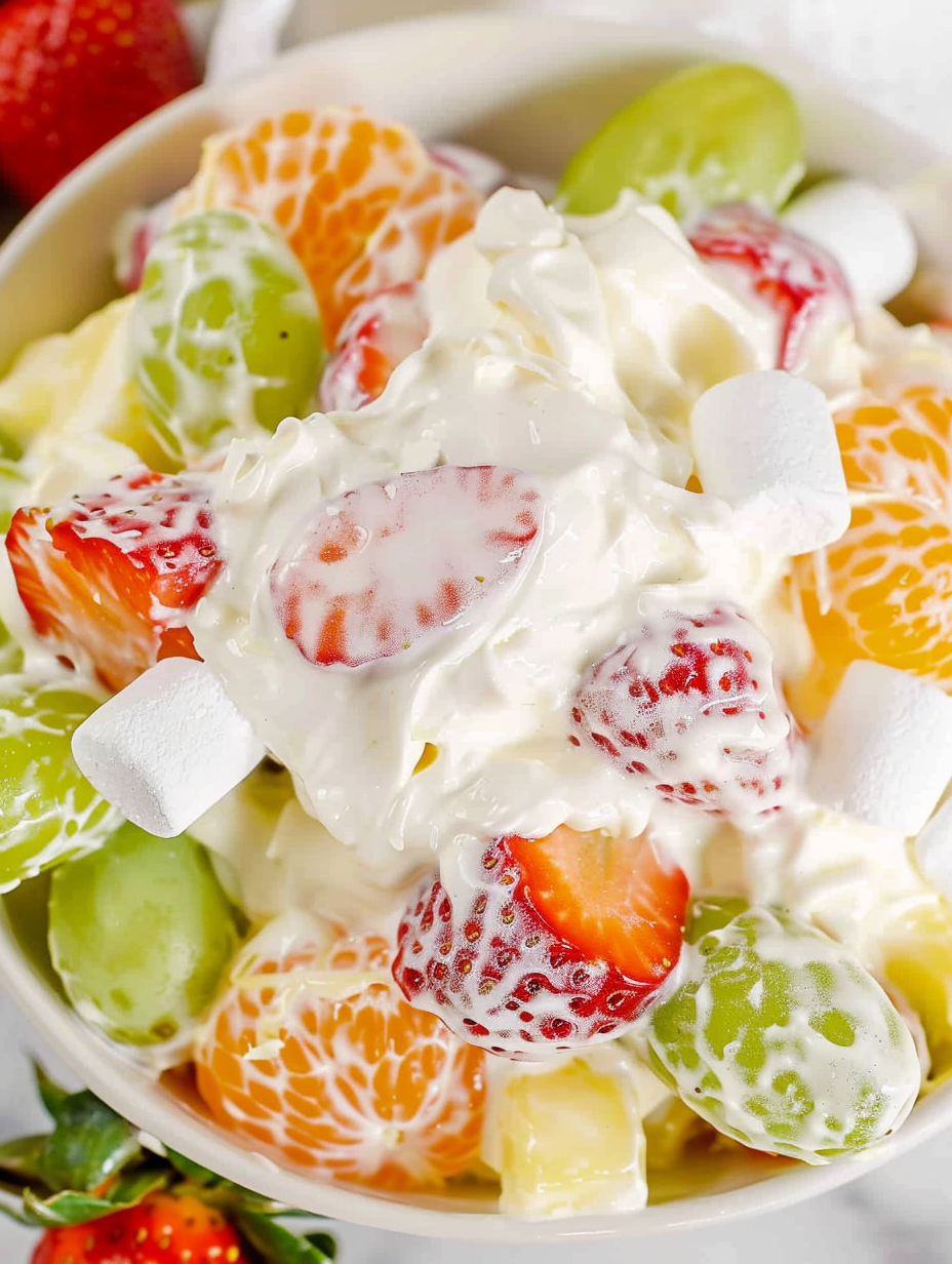 Close-up of creamy pudding fruit salad with mandarin oranges and pineapple