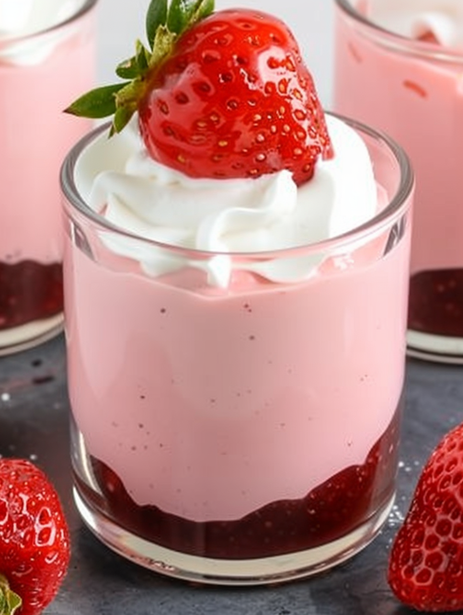 Glass jars filled with pink strawberry mousse topped with whipped cream and berries
