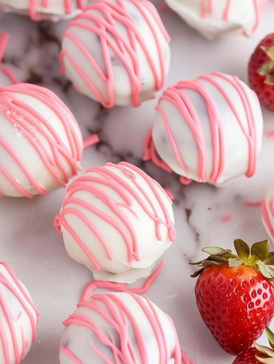 Strawberry Shortcake Oreo balls on parchment