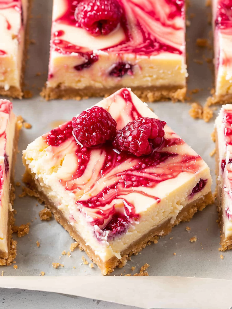 Raspberry swirl cheesecake bars cooling in an 8x8 pan