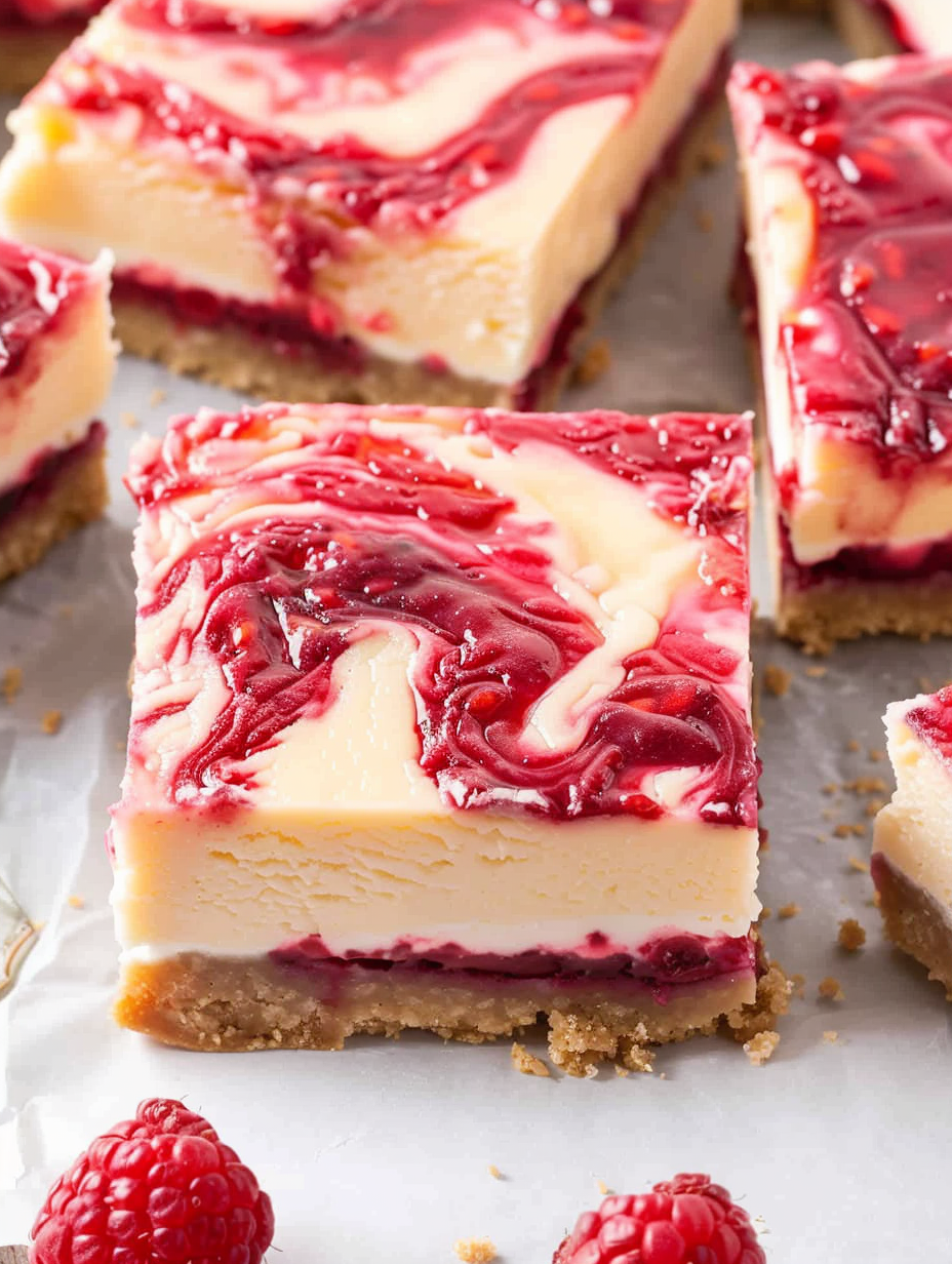 Sliced raspberry swirl cheesecake bars decorated on a serving plate