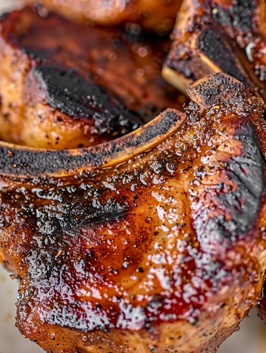 Grilled pork chops with rub, resting on cutting board