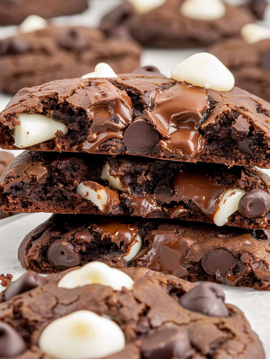 Tray of freshly baked triple chocolate cookies