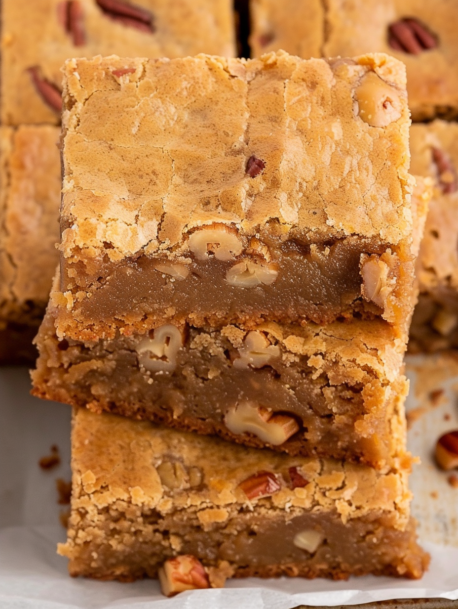 Butterscotch brownies in 9x9 pan with glossy top