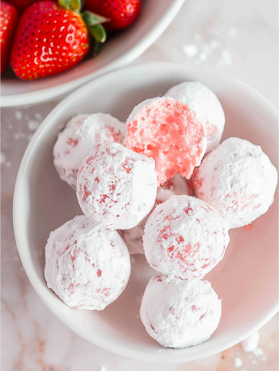 Strawberry truffles on a parchment-lined tray