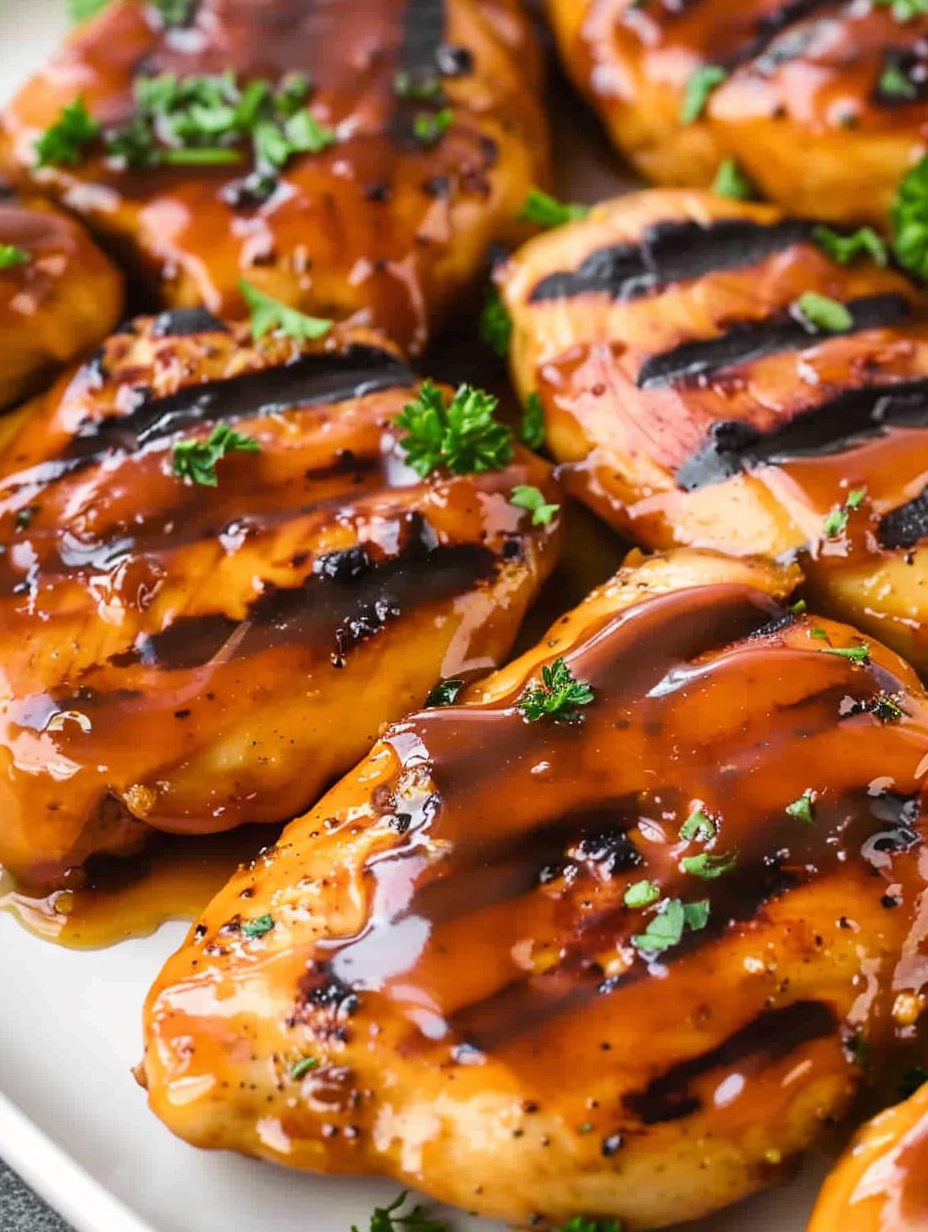 Honey barbecue glazed grilled chicken on a platter