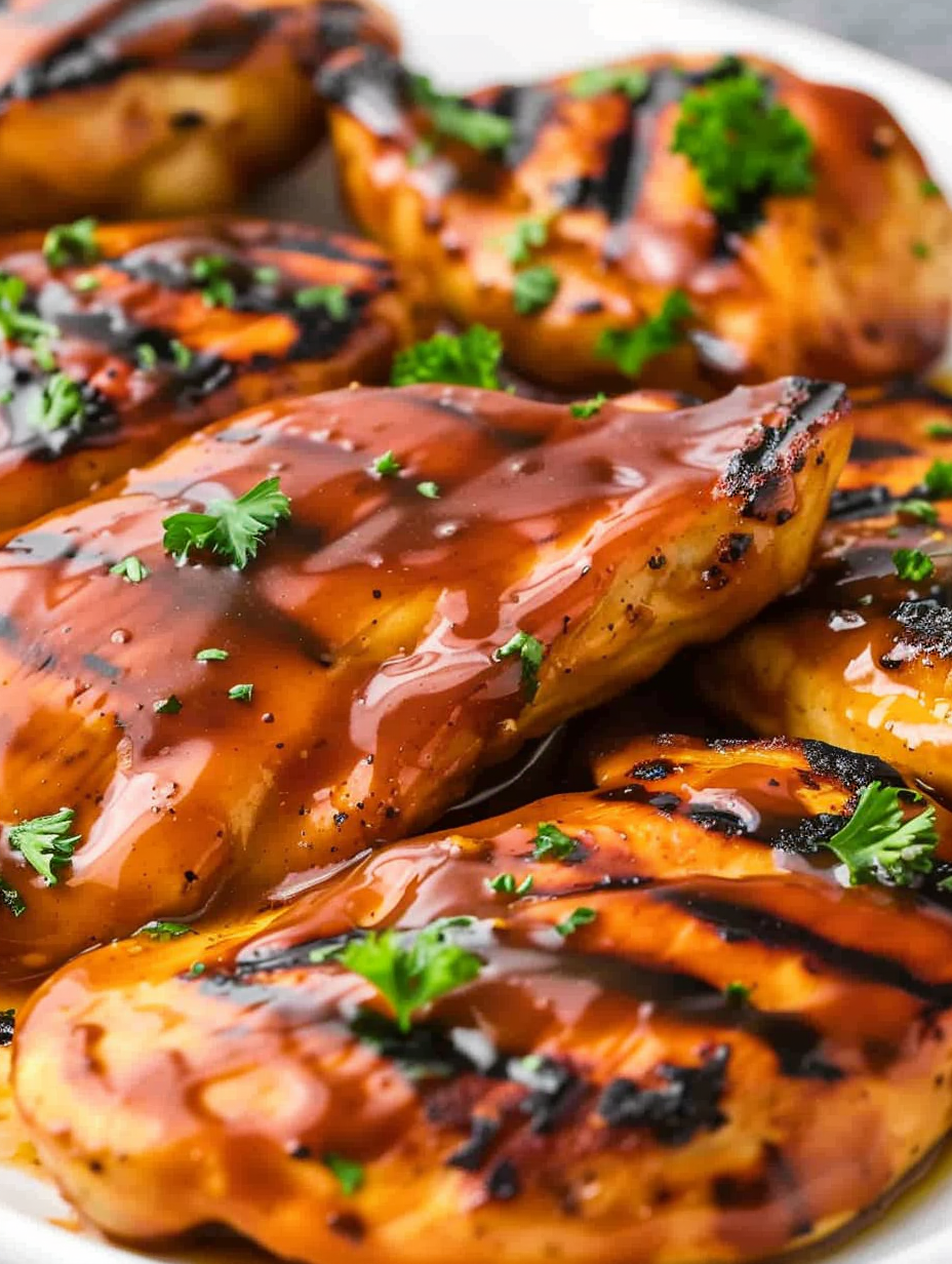 Close-up of honey barbecue chicken with parsley garnish