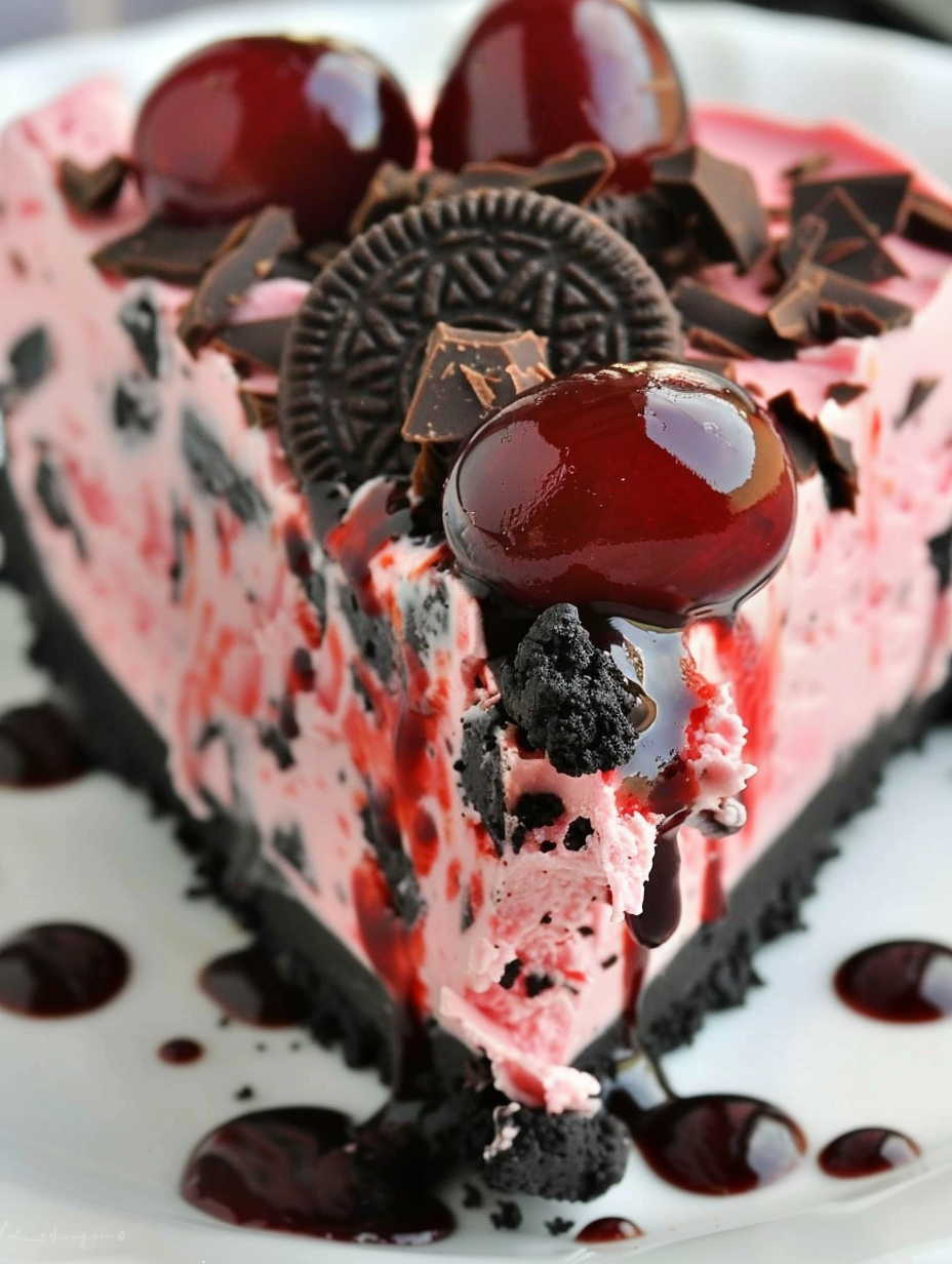 Oreo Cherry Chocolate Chip No Bake Cheesecake on a platter