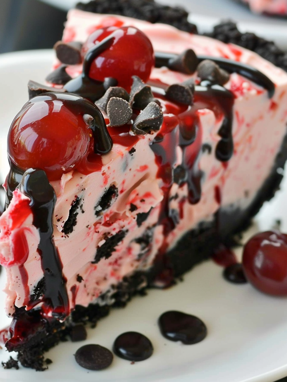 Close up slice showing Oreo crust and cherry filling