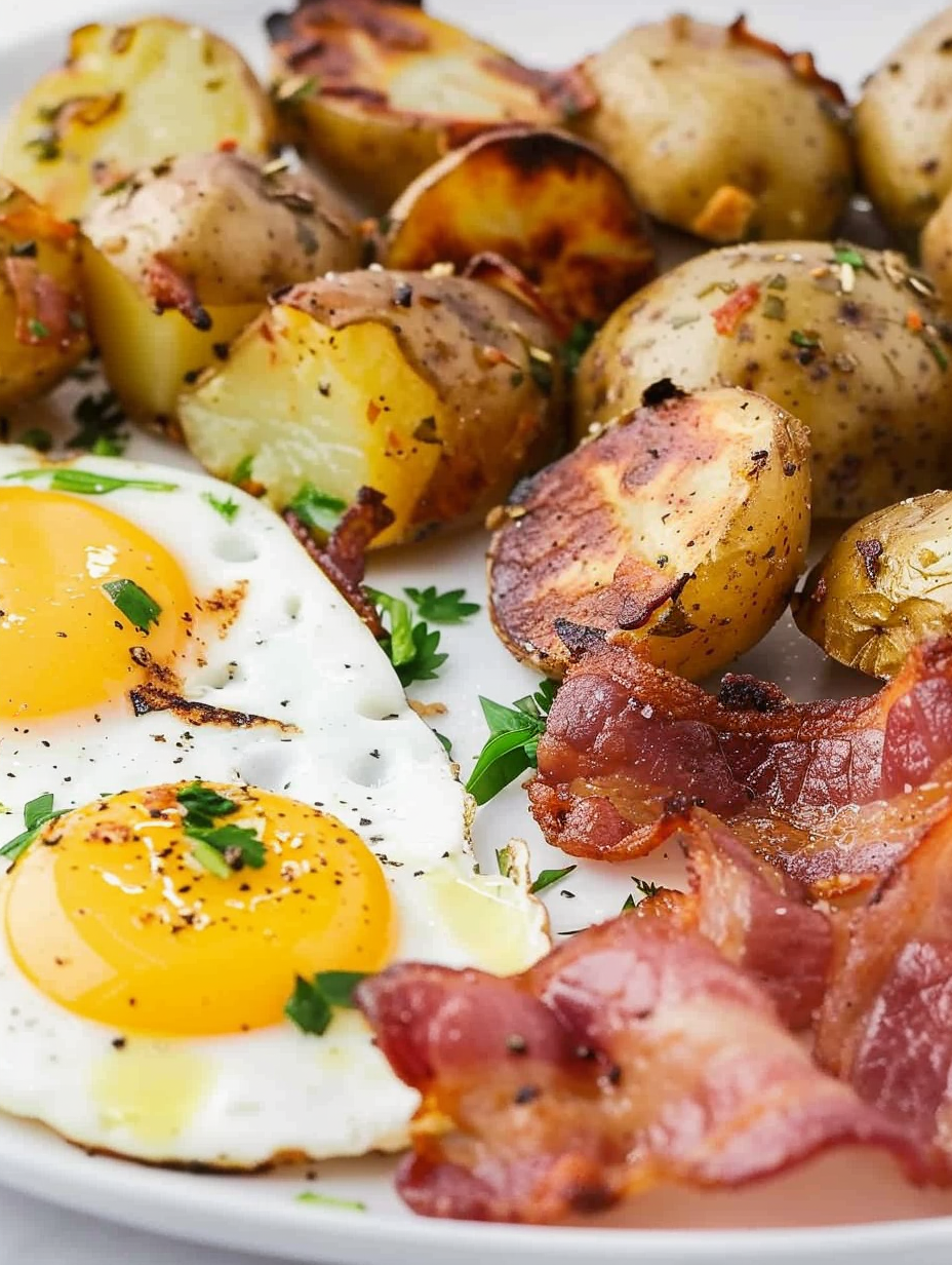 Sheet pan with roasted potatoes and bacon, eggs being added