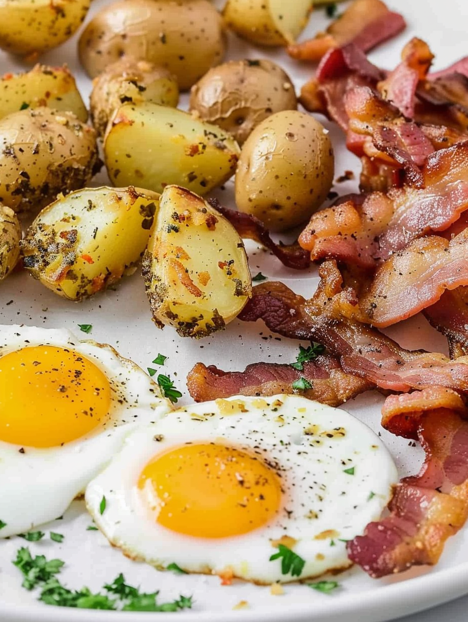 Close up of baked eggs in potato wells with parsley garnish