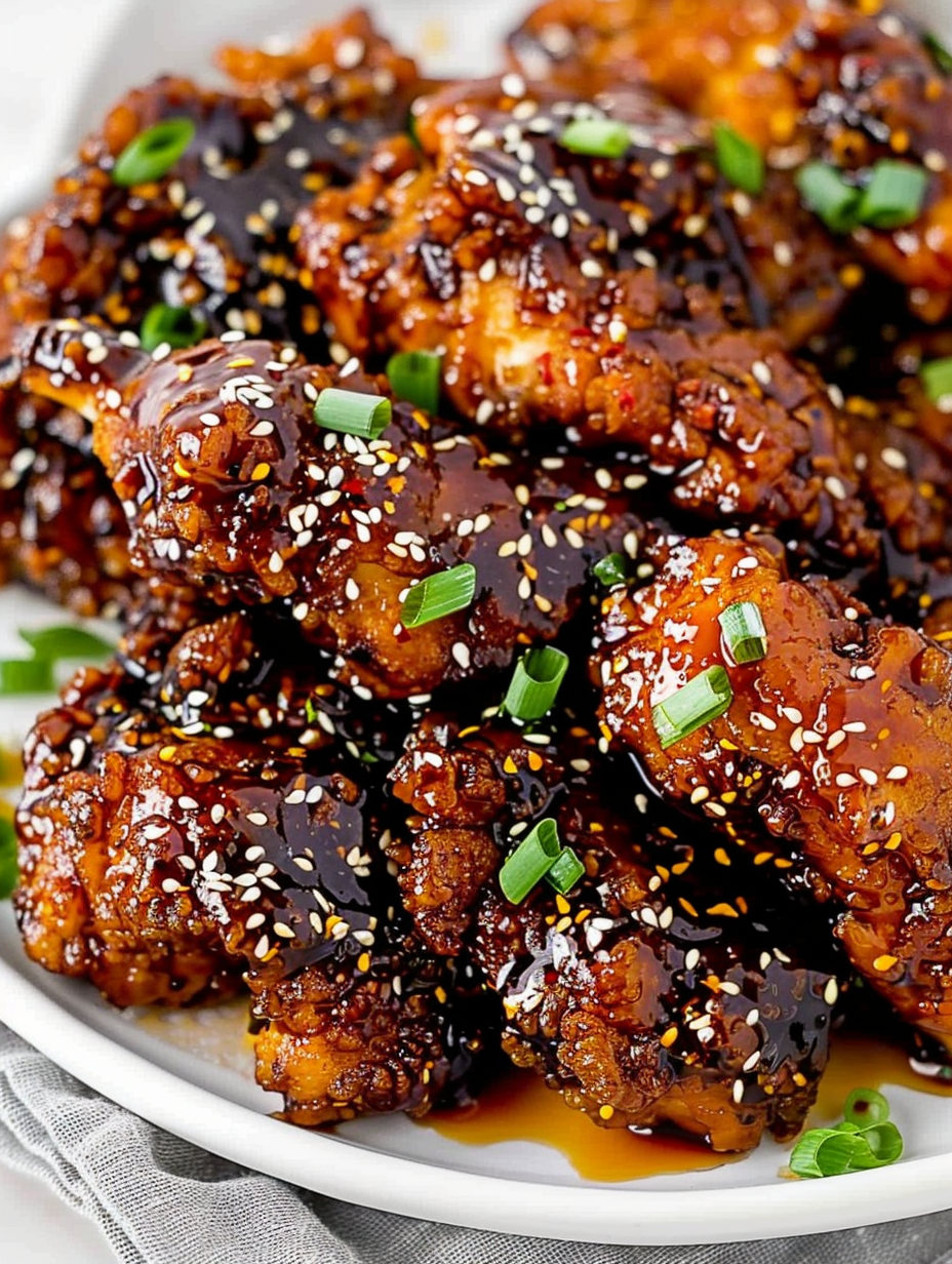 Plated Korean chicken with glaze and green onions