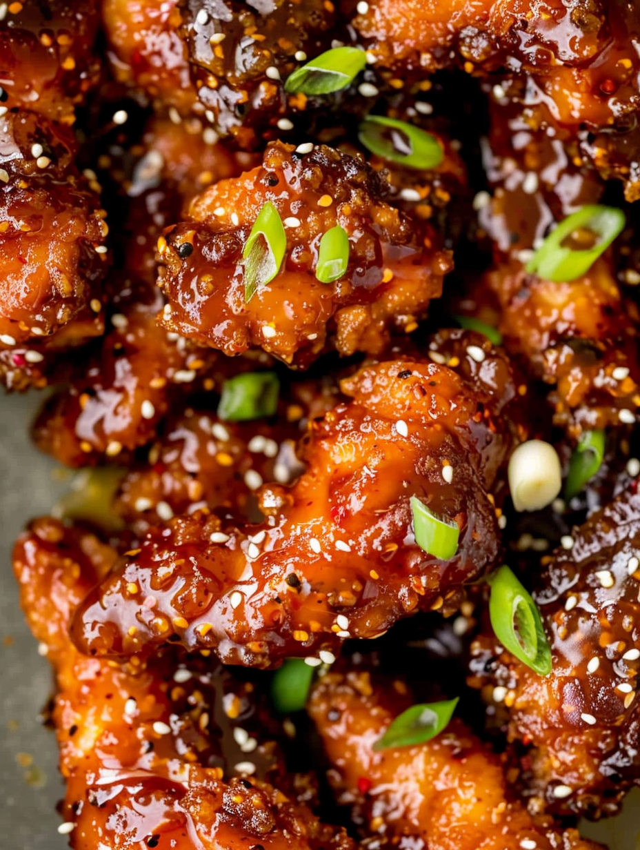 Close-up of glazed Korean chicken with sesame seeds