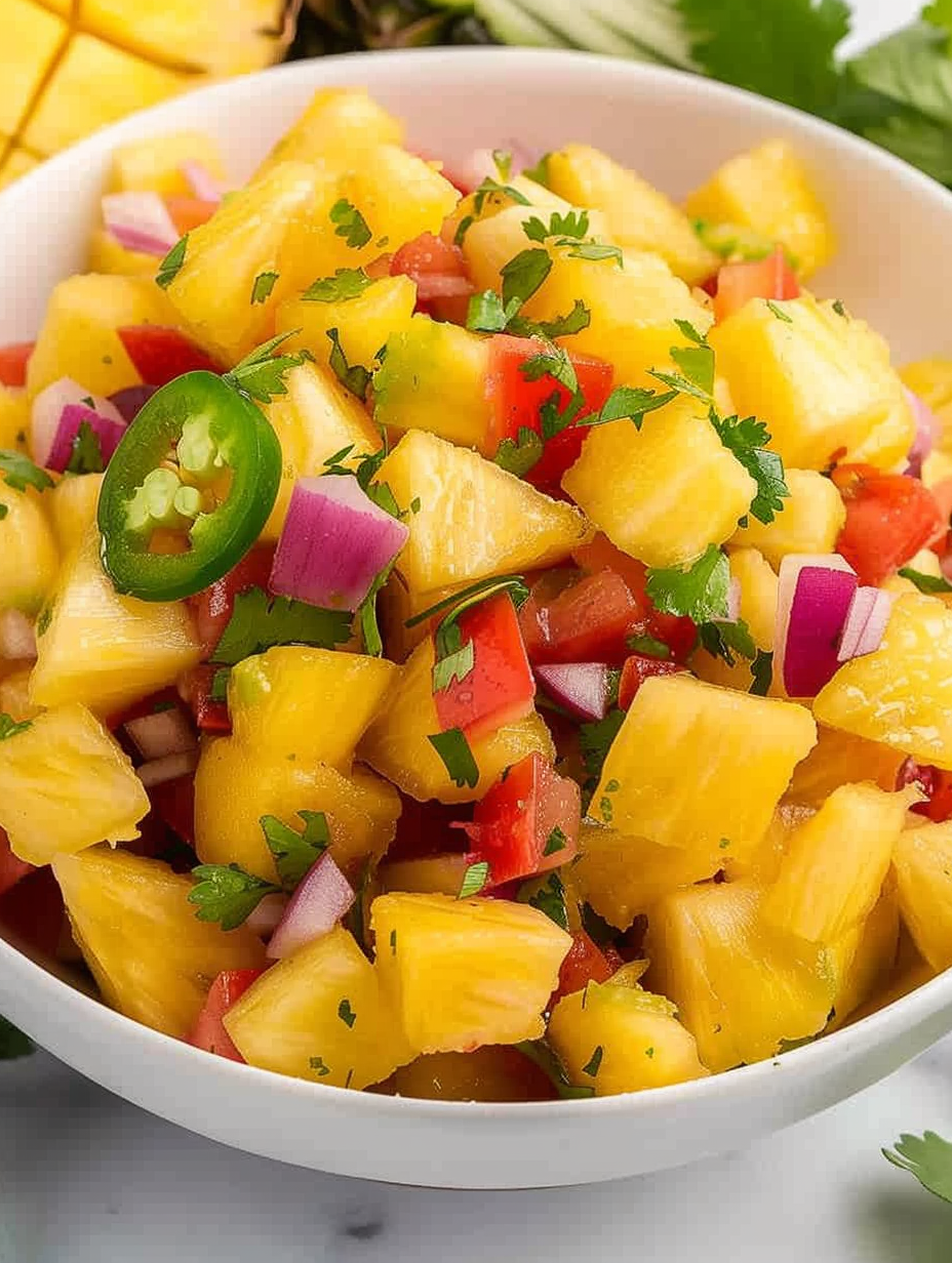 Pineapple mango salsa in a bowl with chips and lime wedges