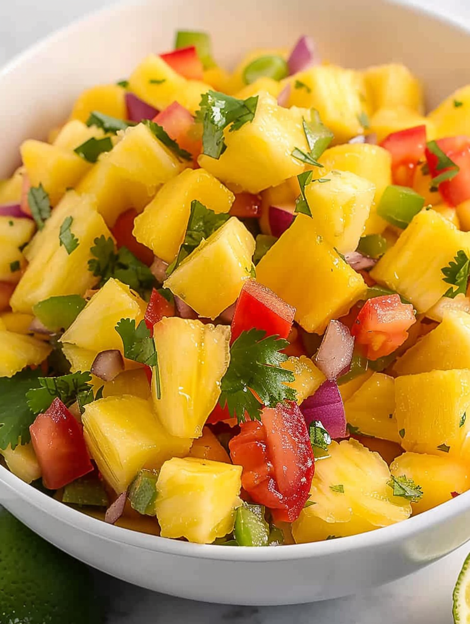 Closeup of diced mango and pineapple for salsa