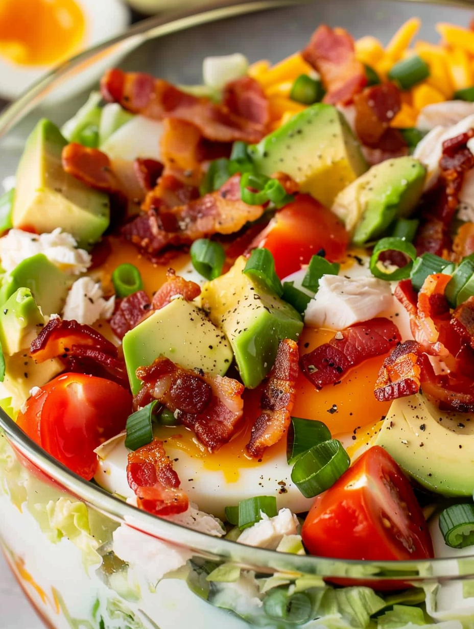 Layered salad in glass bowl showing colorful layers
