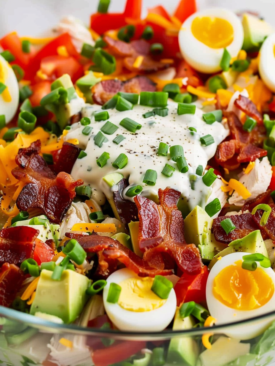 Close-up of salad layers highlighting bacon and avocado