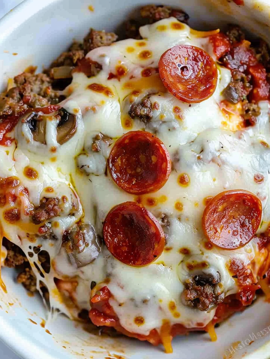 Keto pizza in bowls with melted cheese and pepperoni