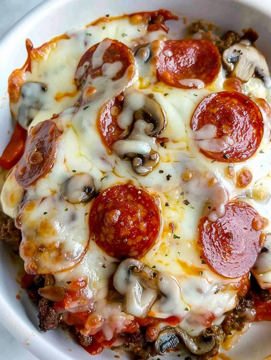 Close up of cheesy keto pizza bowl with pepperoni