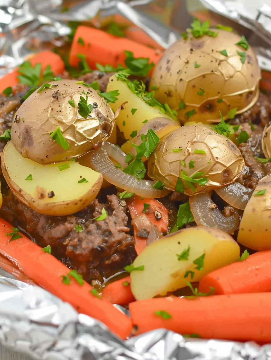 Finished beef and vegetable foil packets served on a plate