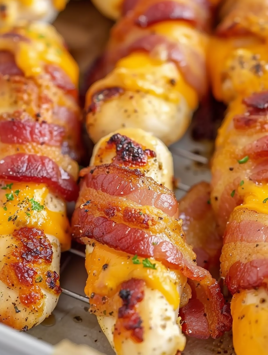Bacon wrapped chicken tenders on rack