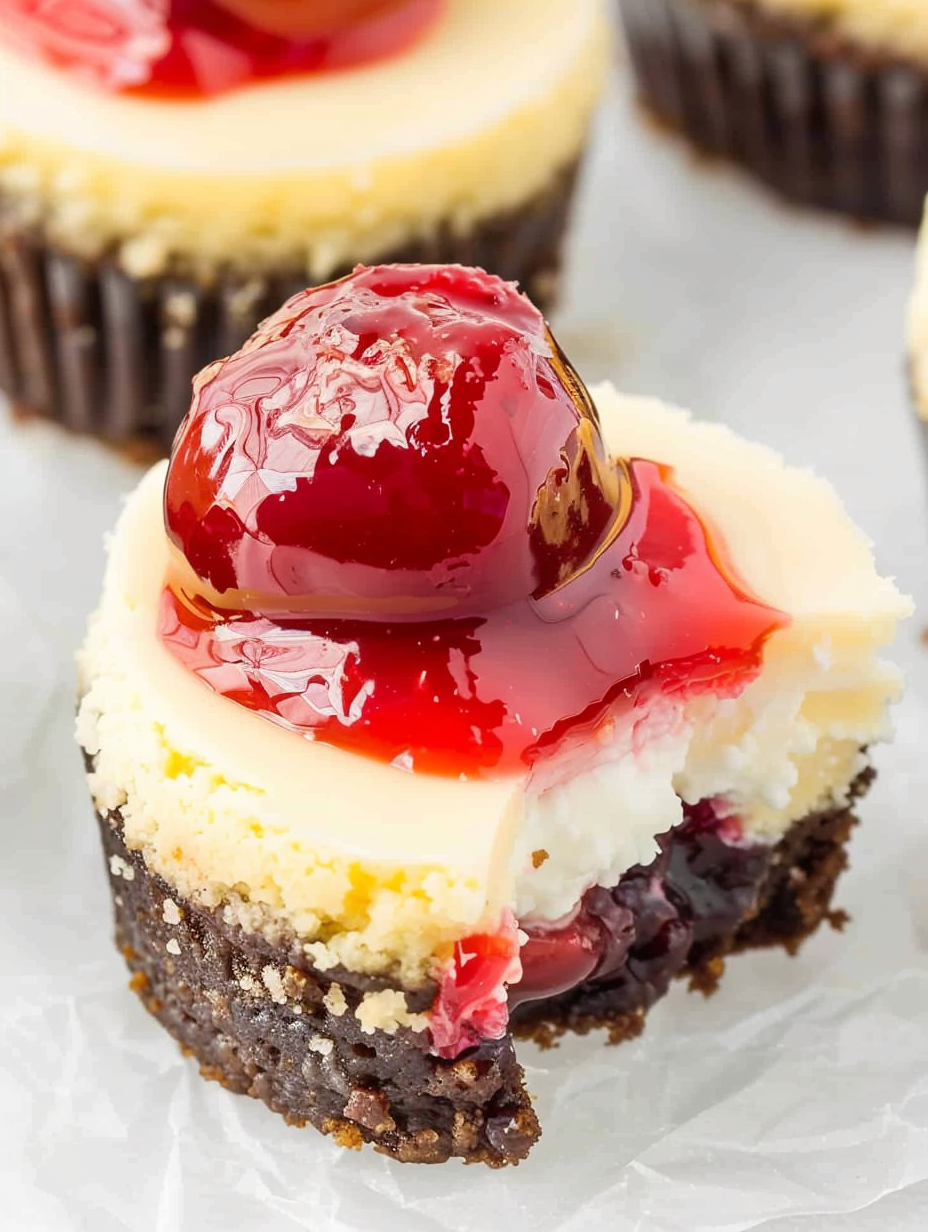 Mini cherry cheesecakes cooling in a muffin tin with foil liners