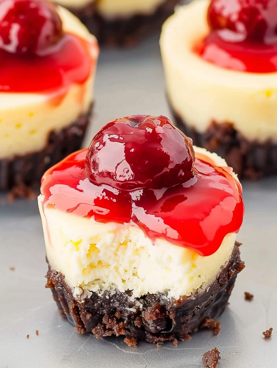 Close-up of a mini cherry cheesecake topped with vibrant cherry pie filling