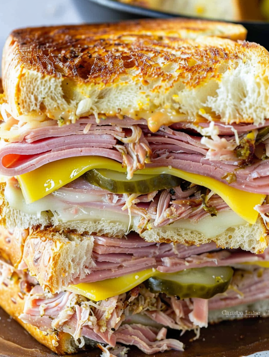 Pressed Cuban sandwich with melted cheese and pickles