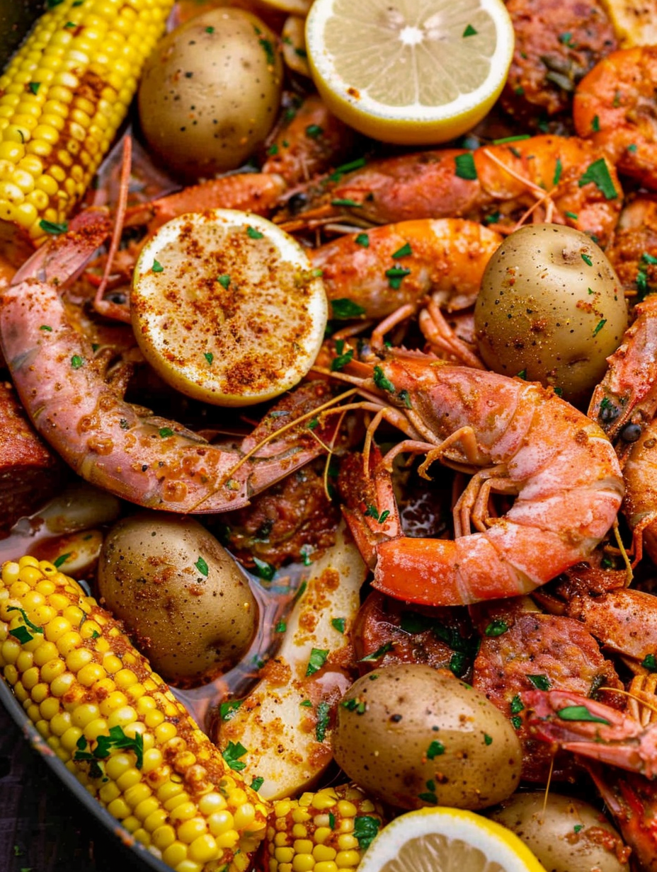 Cajun seafood boil in a big baking sheet with garlic butter poured over